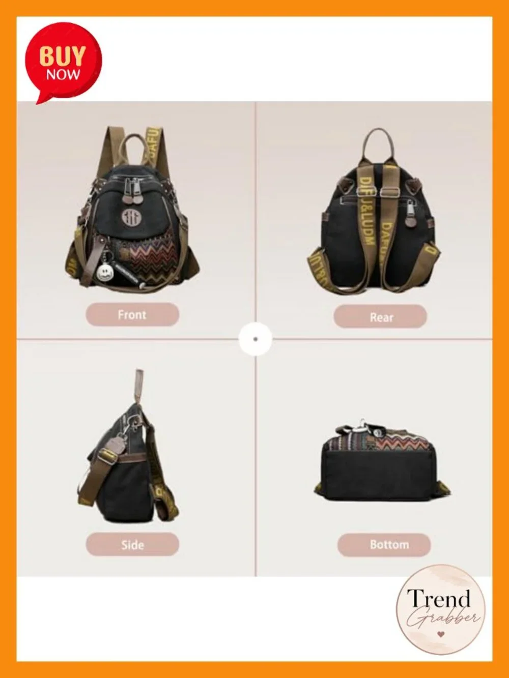 Canvas Backpack for Women Ethnic Embroidery 4-Way Carry Handbag Convertible